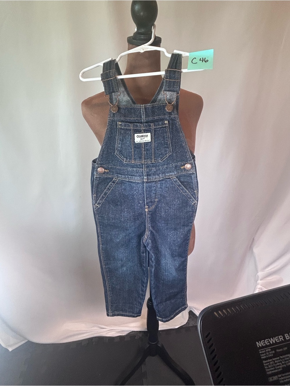 OshKosh B'gosh Denim Bib Overalls Blue with silver,2T Buckle Closure Logo Button